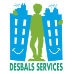 Logo de Desbals Services avec un personnage verdoyant entre deux immeubles souriants.
